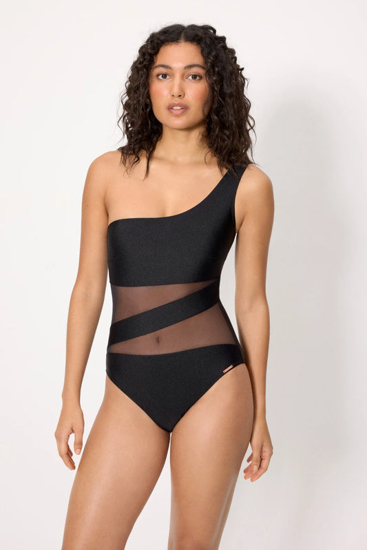 Bañador negro asimétrico con tul transparente con brillo negro copa B