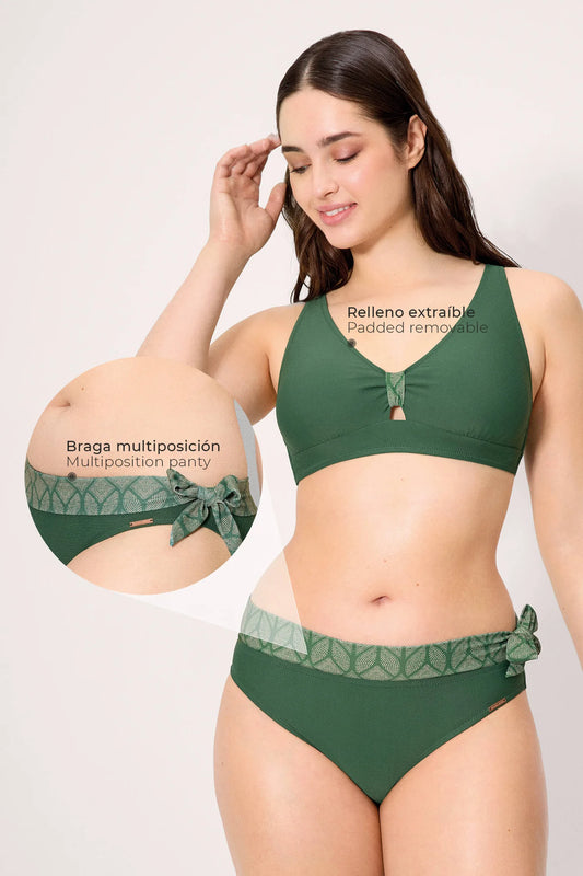Conjunto de bikini top triángulo hojas verde copa C