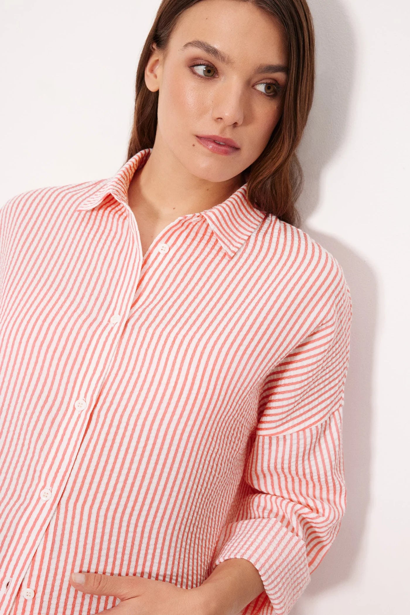 Camisa larga bambula rayas rosa