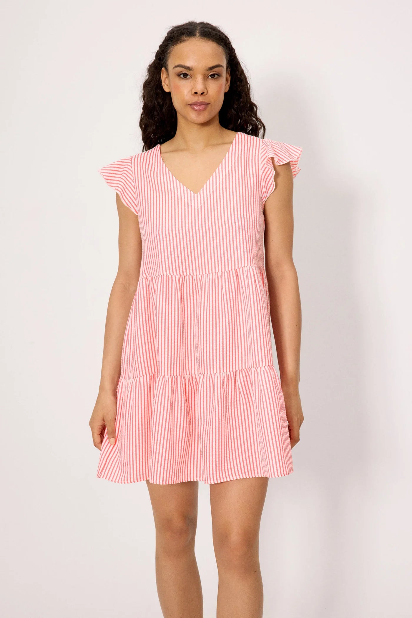 Vestido corto paneles bambula rayas rosa