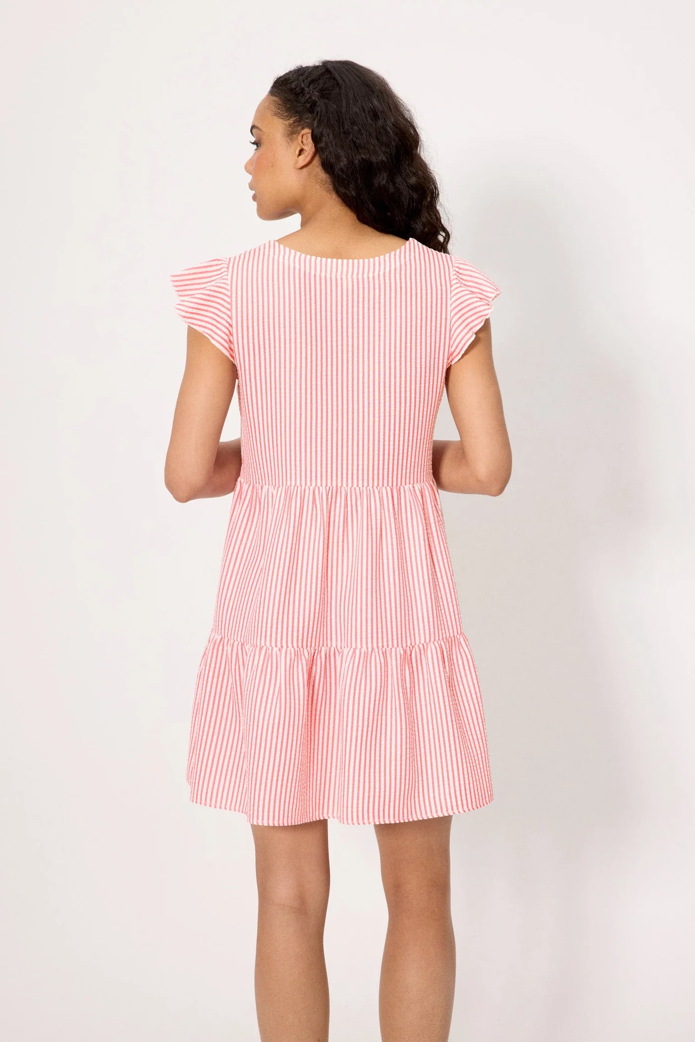 Vestido corto paneles bambula rayas rosa
