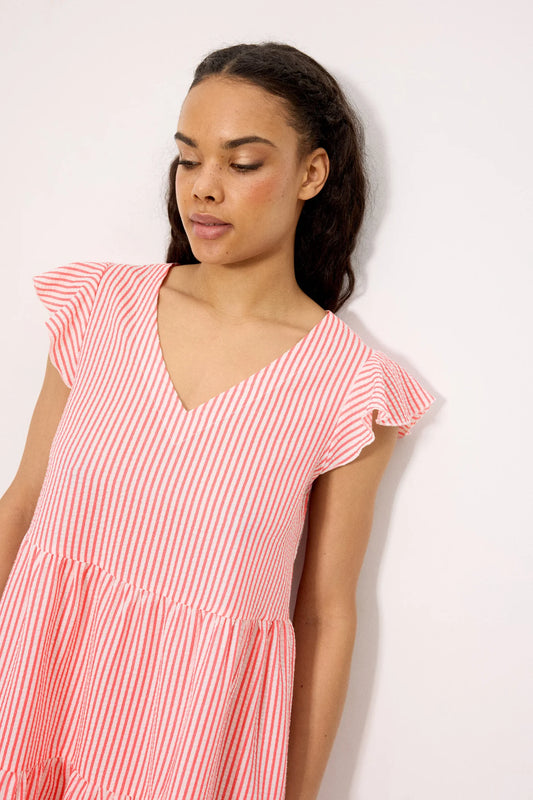 Vestido corto paneles bambula rayas rosa